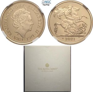 obverse: Great Britain, Elizabeth II (1952-2022), Proof Half Sovereign 2021, London Mint, Au 19,3 mm 3,99 g, with original box and certificate, in Slab NGC PF70 Ultra Cameo Top Pop! (cert. 6647230007)
				