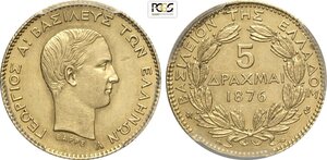 obverse: Greece, George I (1863-1913), 5 Drachmai 1876-A, Paris mint, Au 17 mm 1,61 g, in Slab PCGS AU58
				