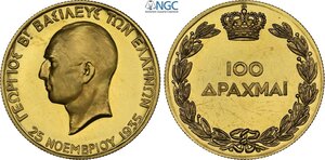 obverse: Greece, George II (1922-1923 / 1935-1947), 100 Drachmai 1935 (1940), Birmingham mint, mintage: 140, Rare Au 38 mm 32,26 g, di qualità eccezionale con gran contrasto (Ultra Cameo), in Slab NGC PF65 Ultra Cameo (cert. 6494309001 second best grade)
				