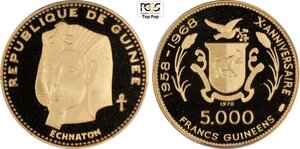 obverse: Guinea, Republic (1958-), 5000 Francs 1970 Ikhnaton, Mintage: 685, KM-33 Au 33,5 mm 20 g, in Slab PCGS PR69 Deep Cameo Top Pop! (cert. 44978740)
				