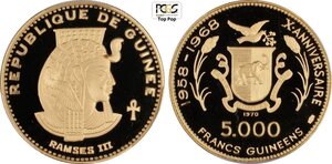 obverse: Guinea, Republic (1958-), 5000 Francs 1970 Ramses III, Mintage: 695, KM-37 Au 33,5 mm 20 g, in Slab PCGS PR69 Deep Cameo Top Pop! (cert. 44978739)
				