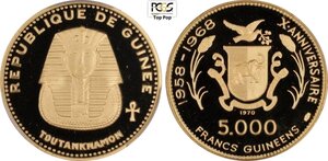 obverse: Guinea, Republic (1958-), 5000 Francs 1970 Tutankhamen, Mintage: 675, KM-38 Au 33,5 mm 20 g, in Slab PCGS PR69 Deep Cameo Top Pop! (cert. 44978736)
				