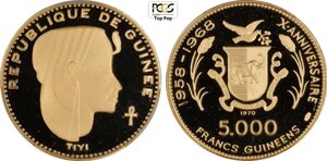 obverse: Guinea, Republic (1958-), 5000 Francs 1970 Queen Teyi, Mintage: 685, KM-39 Au 33,5 mm 20 g, in Slab PCGS PR69 Deep Cameo Top Pop! (cert. 44978737)
				