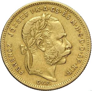 obverse: Hungary, Franz Joseph I (1848-1916), 20 Francs 8 Forint 1870-GYF, Alba Iulia mint (Romania), Au 21 mm 6,45 g, BB
				