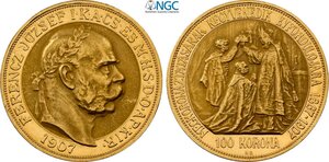 obverse: Hungary, Franz Joseph I (1848-1916), 100 Korona 1907, Au 36 mm 33,87 g, in Slab NGC MS61
				