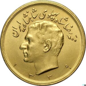 obverse: Iran, Muhammad Reza Pahlavi Shah (SH1320-1358 / 1941-1979AD), 5 Pahlavi SH1339 (1960), Au 40,2 mm 40,36 g, colpetti al bordo, SPL-FDC
				