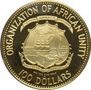 reverse: Liberia, Republic (1847-), 100 Dollars 1979, KM-38 Au 25 mm 11,20 g, sealed in original box with certificate, Proof
				