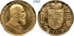 obverse: Liechtenstein, Franz I (1929-1938), 10 Franken 1930, Au 19 mm 3,23 g, eccelsa conservazione, in Slab NGC MS66
				