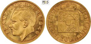 obverse: Liechtenstein, Franz Josef II (1938-1990), 20 Franken 1946-B, Bern Mint, Au 21 mm 6,45 g, eccelsa conservazione, in Slab PCGS MS66 (cert. 48258711 second best grade)
				