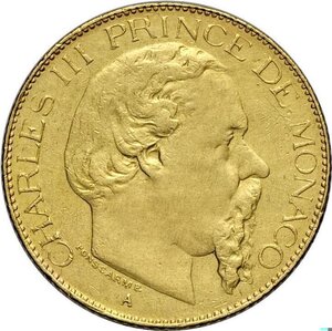 obverse: Monaco, Charles III (1856-1889), 20 Francs 1878-A, Paris mint, Au 21 mm 6,43 g, BB-SPL
				