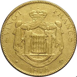 reverse: Monaco, Charles III (1856-1889), 20 Francs 1878-A, Paris mint, Au 21 mm 6,43 g, BB-SPL
				