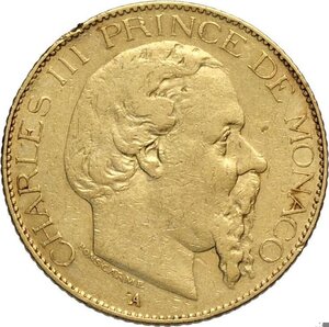 obverse: Monaco, Charles III (1856-1889), 20 Francs 1878-A, Paris mint, Au 21 mm 6,42 g, segnetti al bordo, BB
				