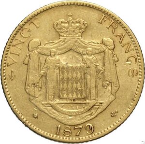 reverse: Monaco, Charles III (1856-1889), 20 Francs 1878-A, Paris mint, Au 21 mm 6,42 g, segnetti al bordo, BB
				