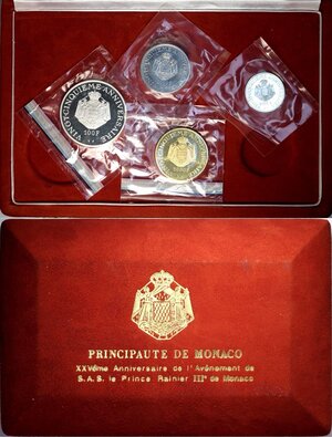 obverse: Monaco, Rainier III (1949-2005), Proof Set 1974 (4): 3000 Francs Au (.999) 28,8 g, 2000 Francs Pt (.997) 19,98 g, 1000 Francs Pt (.997) 9,97 g, 100 Francs Ag (.999) 37,10 g. Sealed with original box, Proof
				