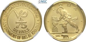 obverse: Ras Al-Khaimah, Saqr Bin Muhammad al-Qasimi (1948-), 75 Riyals 1970, KM-22 Au 28 mm 15,53 g, in Slab NGC PF68 Ultra Cameo
				