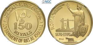 obverse: Ras Al-Khaimah, Saqr Bin Muhammad al-Qasimi (1948-), 150 Riyals 1970, KM-24 Au 34 mm 31,05 g, in Slab NGC PF68 Ultra Cameo (cert. 6644423008 second best grade)
				