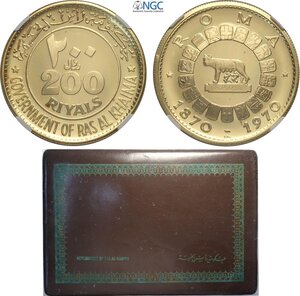 obverse: Ras Al-Khaimah, Saqr Bin Muhammad al-Qasimi (1948-), 200 Riyals 1970, KM-25 Au 41 mm 41,40 g, with original box for set (to be completed) and certificate, in Slab NGC PF67 Ultra Cameo
				