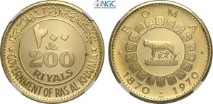 obverse: Ras Al-Khaimah, Saqr Bin Muhammad al-Qasimi (1948-), 200 Riyals 1970, KM-25 Au 41 mm 41,40 g, in Slab NGC PF67 Ultra Cameo
				