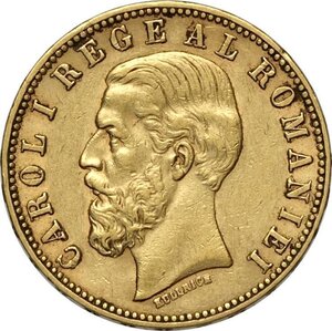 obverse: Romania, Carol I (1866-1914), 20 Lei 1890-B, Bucharest mint, Au 21 mm 6,43 g, BB+
				