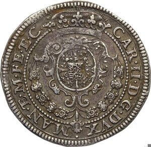 obverse: Mantova, Carlo II Gonzaga/Nevers (1647-1665), Quarto di Ducatone 1664, RR MIR-697 Ag 32 mm 8,76 g, BB+
				