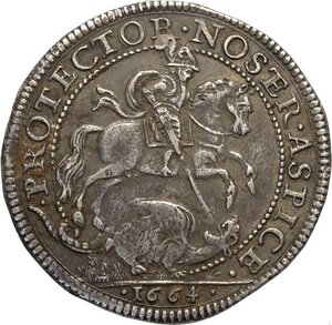 reverse: Mantova, Carlo II Gonzaga/Nevers (1647-1665), Quarto di Ducatone 1664, RR MIR-697 Ag 32 mm 8,76 g, BB+
				