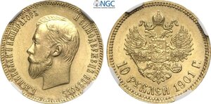 obverse: Russia, Nicholas II (1894-1917), 10 Roubles 1901-O3, Au 22,5 mm 8,60 g, in Slab NGC MS62
				