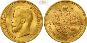 obverse: Russia, Nicholas II (1894-1917), 7 Roubles 50 Kopeks 1897, Au 21,3 mm 6,45 g, di gran qualità, in Slab PCGS MS64
				