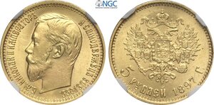 obverse: Russia, Nicholas II (1894-1917), 5 Roubles 1897, Au 18,5 mm 4,30 g, eccezionale, in Slab NGC MS65+
				