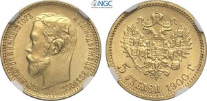 obverse: Russia, Nicholas II (1894-1917), 5 Roubles 1900, Au 18,5 mm 4,28 g, in Slab NGC MS63
				