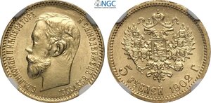 obverse: Russia, Nicholas II (1894-1917), 5 Roubles 1902, Au 18,5 mm 4,30 g, in Slab NGC MS64
				