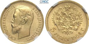 obverse: Russia, Nicholas II (1894-1917), 5 Roubles 1904, Au 18,5 mm 4,30 g, in Slab NGC MS65
				