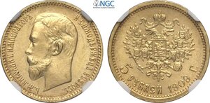 obverse: Russia, Nicholas II (1894-1917), 5 Roubles 1909, Au 18,5 mm 4,30 g, in Slab NGC MS66
				