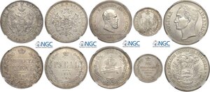 obverse: Russia and Venezuela, Lot of 5 coins in Slab NGC: Rouble 1843 (UNC-obv cleaned), Rouble 1877 (AU-rev scratched), Rouble 1883 (UNC-rev scratched), 25 Kopeks 1858 (UNC-cleaned), Venezuela 5 Bolivares 1936 (MS62)
				