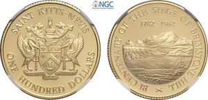 obverse: Saint Kitts & Nevis, Elizabeth II (1952-2022), Proof 100 Dollars (Sovereign) ND (1982), Mintage only 15, Au 22 mm 7,99 g, in Slab NGC PF68 Ultra Cameo
				