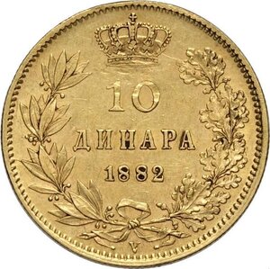 reverse: Serbia, Milan Obrenovich IV (1868-1889), 10 Dinara 1882-V, Vienna mint, Au 19 mm 3,22 g, BB-SPL
				