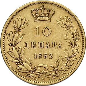 reverse: Serbia, Milan Obrenovich IV (1868-1889), 10 Dinara 1882-V, Vienna mint, Au 19 mm 3,22 g, BB
				