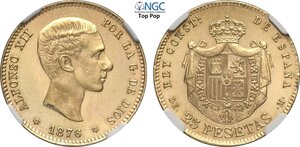 obverse: Spain, Alfonso XII (1874-1885), 25 Pesetas 1876 (76), Au 24 mm 8,06 g, di eccezionale qualità con fondi speculari (prooflike), in Slab NGC MS65+ PL Top Pop! (cert. 6644422027)
				