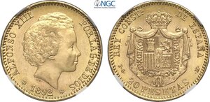 obverse: Spain, Alfonso XIII (1886-1931), 20 Pesetas 1892 (92), Au 21 mm 6,45 g, in Slab NGC MS62
				