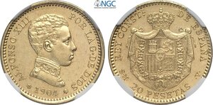 obverse: Spain, Alfonso XIII (1886-1931), 20 Pesetas 1904 (04), mintage: 3815, Rare Au 21 mm 6,45 g, di qualità inusuale per questa emissione, in Slab NGC MS61 (cert. 4916859003 second best grade)
				