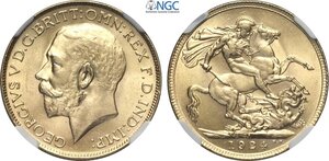 obverse: South Africa, George V (1910-1936), Sovereign 1924-SA, Pretoria mint, mintage: 3184, Rare Au 22 mm 7,99 g, in Slab NGC MS64
				