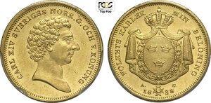 obverse: Sweden, Carl XIV Johan (1818-1844), 4 Ducat 1838-AG, Key date Mintage: 625, KM-645 Fr-85 Au 25,5 mm 13,94 g, in Slab PCGS MS62 Top Pop! (cert. 46582478)
				