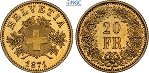 obverse: Switzerland, Federal State (1848-), Gold Pattern 20 Francs 1871, RRRR Varesi-634 KM-Pn17 HMZ-1225, Au 21 mm 6,45 g. In Slab NGC PF63 Cameo
				