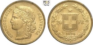 obverse: Switzerland, Federal State (1848-), 20 Francs 1896, Au 21 mm 6,45 g. Di conservazione eccezionale, In Slab PCGS MS65 Top Pop! (cert. 46330026)
				