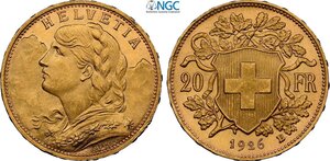 obverse: Switzerland, Federal State (1848-), 20 Francs 1926, Au 21 mm 6,45 g. In Slab NGC MS65
				