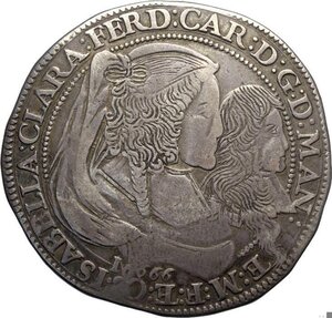 obverse: Mantova, Ferdinando Carlo Gonzaga/Nevers, reggenza della madre Isabella Clara (1665-1669), Ducatone 1666, RR MIR-718 Ag 43 mm 31,40 g, BB
				