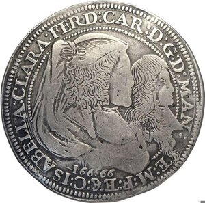 obverse: Mantova, Ferdinando Carlo Gonzaga/Nevers, reggenza della madre Isabella Clara (1665-1669), Ducatone 1666, RR MIR-718 Ag 45 mm 31,04 g, q.BB
				