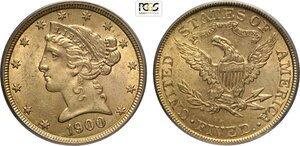 obverse: United States of America, Federal Republic (1776-), 5 Dollars 1900 Philadelphia mint, Au 21,6 mm 8,35 g, in Slab PCGS MS63
				