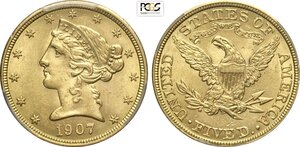 obverse: United States of America, Federal Republic (1776-), 5 Dollars 1907 Philadelphia mint, Au 21,6 mm 8,35 g, in Slab PCGS MS63
				