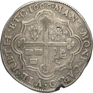 reverse: Mantova, Ferdinando Carlo Gonzaga/Nevers, reggenza della madre Isabella Clara (1665-1669), Scudo 1666, RR MIR-720 Ag 40 mm 22,10 g, BB+
				