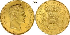 obverse: Venezuela, United States (1864-1953), 100 Bolivares 1888, Caracas Mint, Au 34,5 mm 32,26 g, di qualità inusuale per il tipo, in Slab PCGS MS61 (cert. 47768576 second best grade)
				